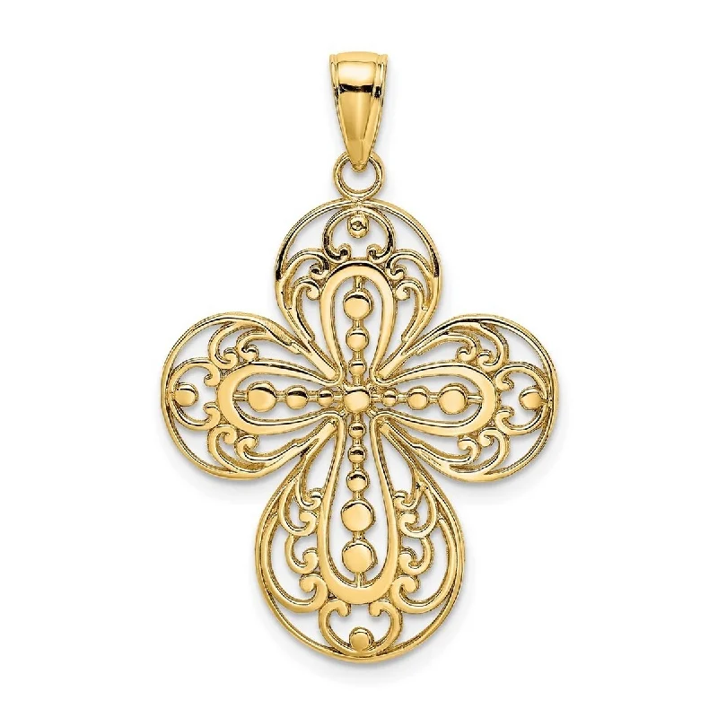 Wide bar necklaces-Crystal Necklaces-Curata 14k Yellow Gold Filigree Cutout Rounded Cross Pendant Necklace 22mm x 26mm