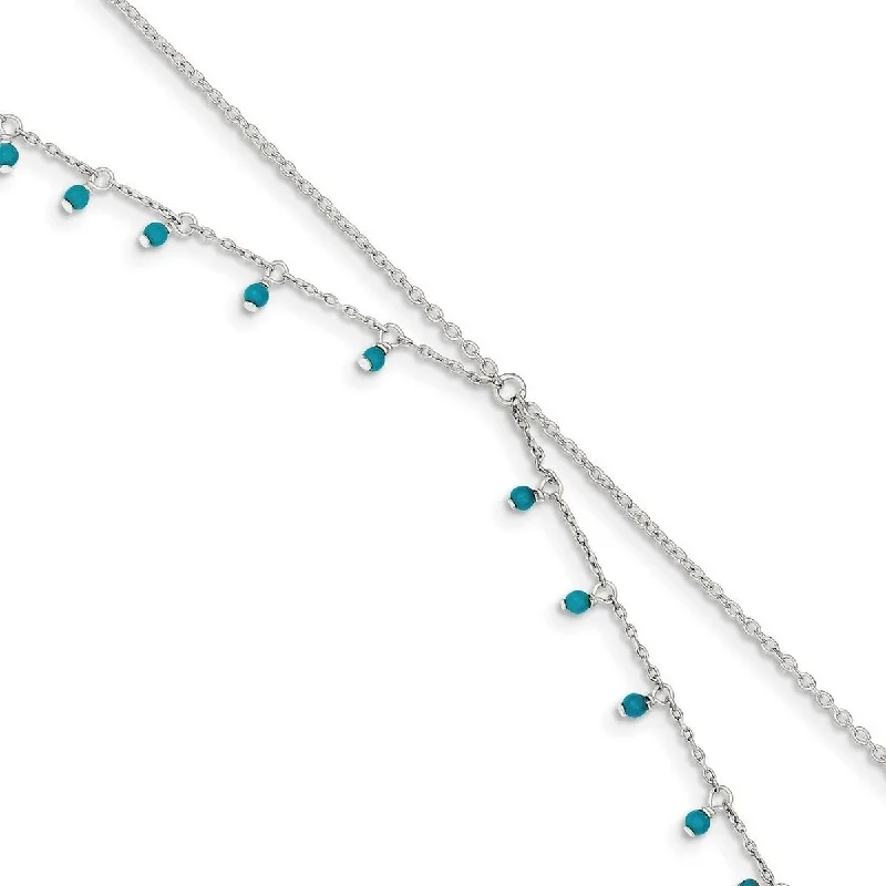 Moon theme bangles-Narrow Rings-Curata 925 Sterling Silver 10" Simulated Turquoise Double Chain Anklet Bracelet