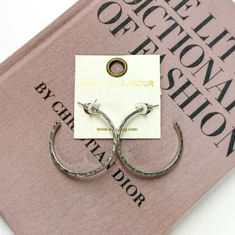 Contemporary Earrings-Large Hammered Hoops in Silver Tone