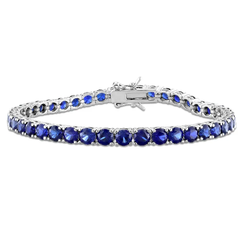 Layered metal bangles-Fashion Bangles-Miadora 14-1/2ct TGW Created Blue Sapphire Classic Tennis Bracelet Sterling Silver