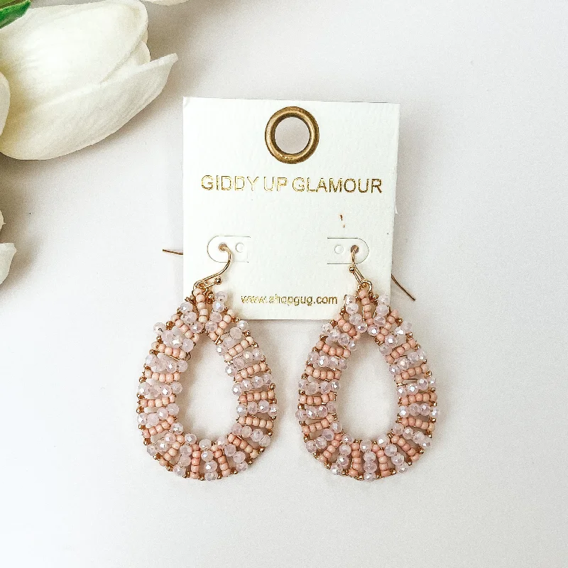 Space Earrings-Gold Tone Teardrop Earrings with Light Pink Beaded Outline