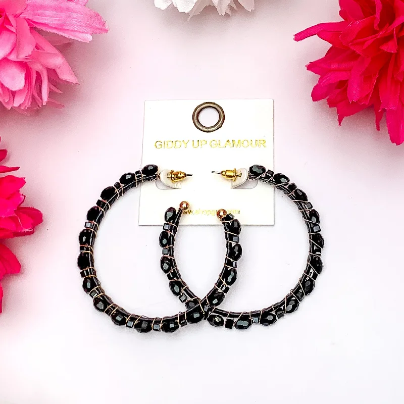 Large Hoop Earrings Outlined with Crystals in Black