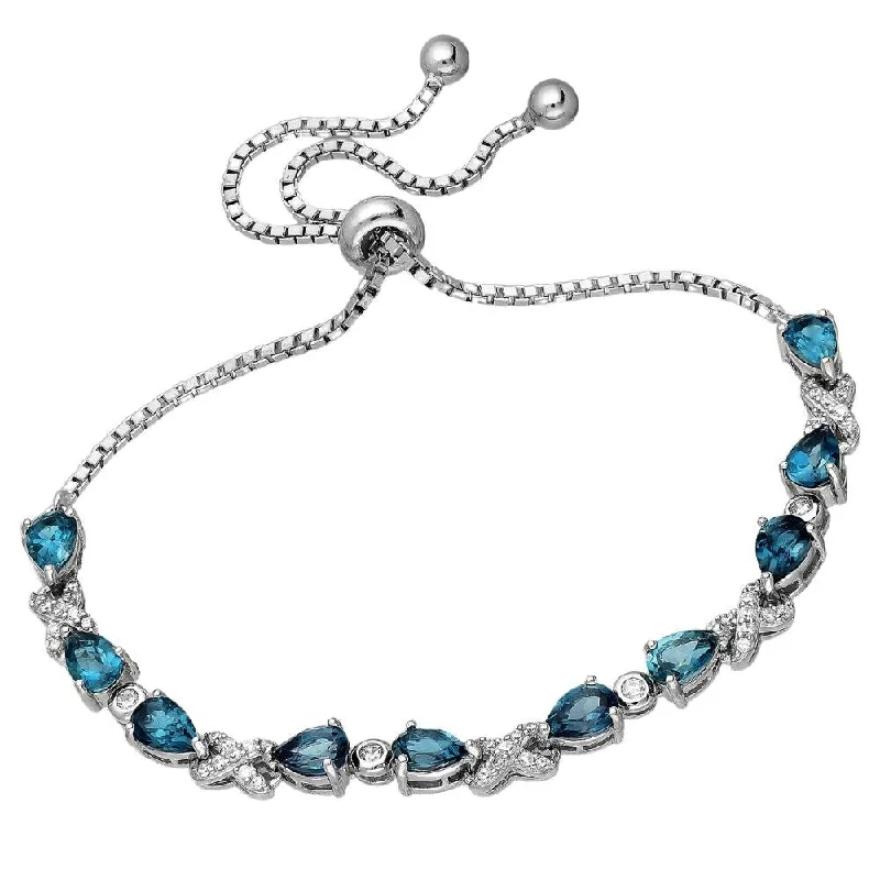 High link bangles-Rust-Proof Rings-Sterling Silver London Blue Topaz & Clear CZ Teardrop Adjustable Bracelet