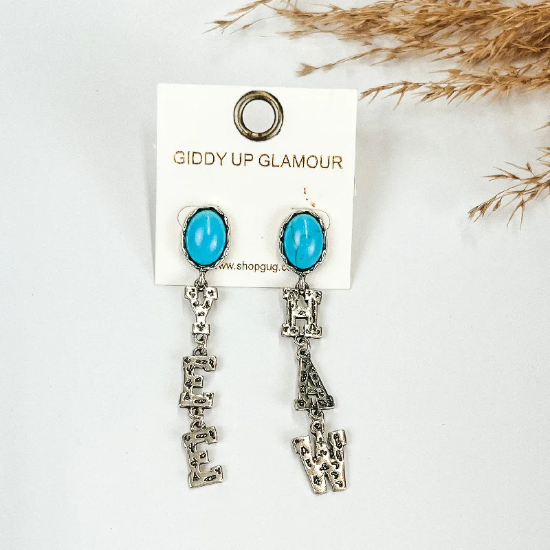 Modern Earrings-Western Yee Haw Earrings In Silver Tone with Oval Post Back in Turquoise