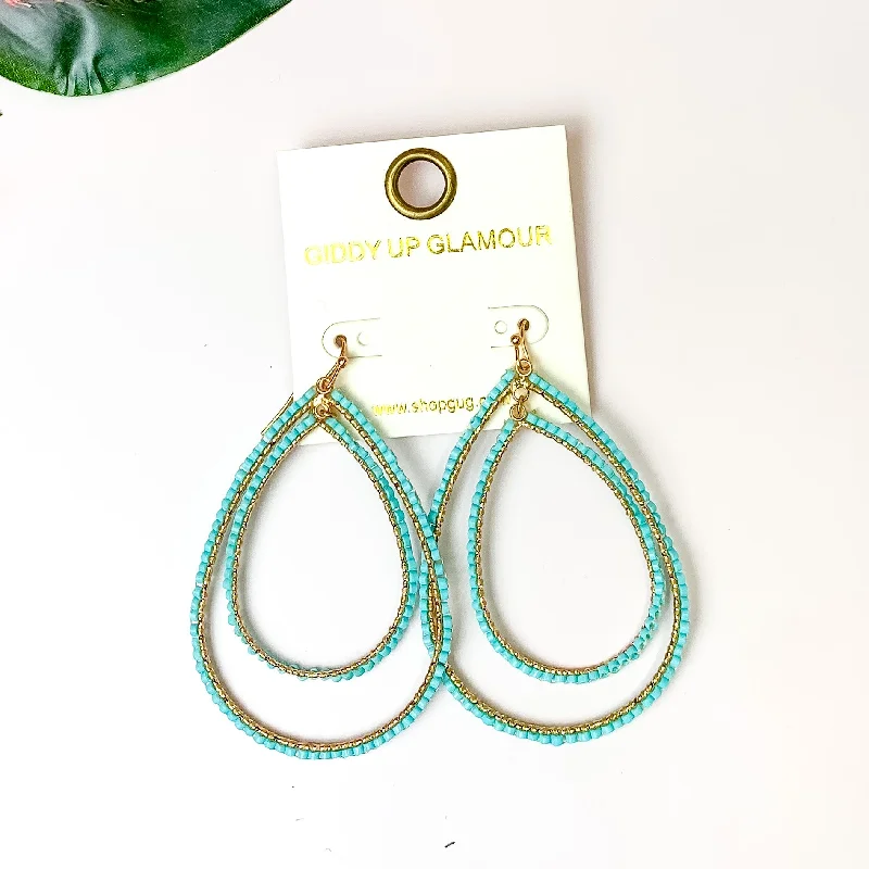 Huggie Earrings-Double Open Teardrop Gold Tone Earrings with Beaded Outline in Turquoise Blue