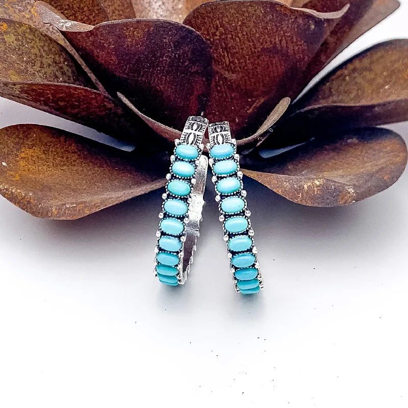 Modern Earrings-Silver Tone Semi Hoop Earring with Turquoise Blue Stones