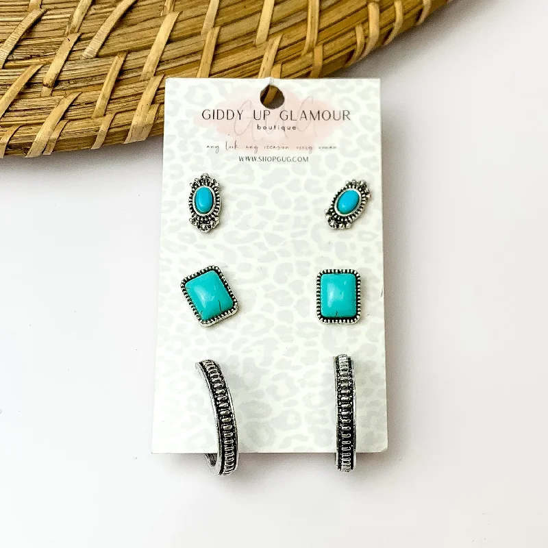 Bridal Earrings-Set Of Three | Multiple Turquoise and Silver Tone Stud Earrings