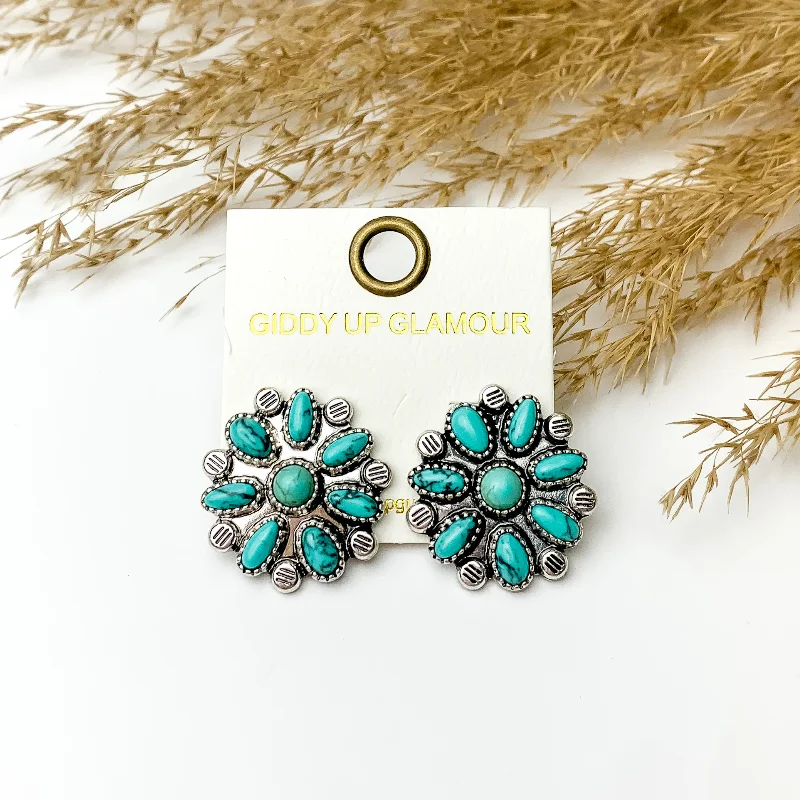 Bridal Earrings-Faux Turquoise Flower Cluster Stud Earrings in Silver Tone