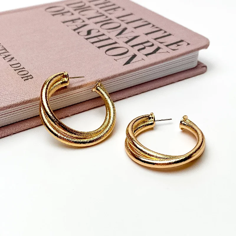 Heavy Earrings-Twisted Hoop Earrings in Textured Gold Tone