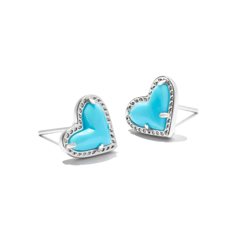 Fantasy Earrings-Kendra Scott | Ari Heart Silver Stud Earrings in Variegated Turquoise Magnesite