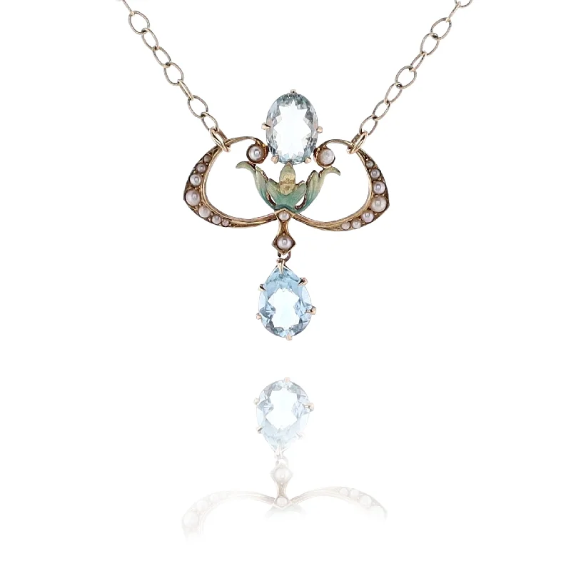 Grand diamond necklaces-Initial Necklaces-Estate 14 Karat Yellow Gold Aquamarine and Pearl Pendant Necklace