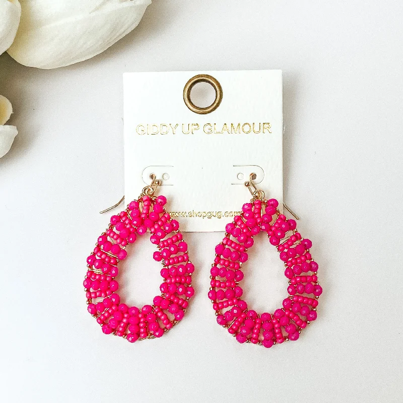 Beaded Earrings-Gold Tone Teardrop Earrings with Hot Pink Beaded Outline