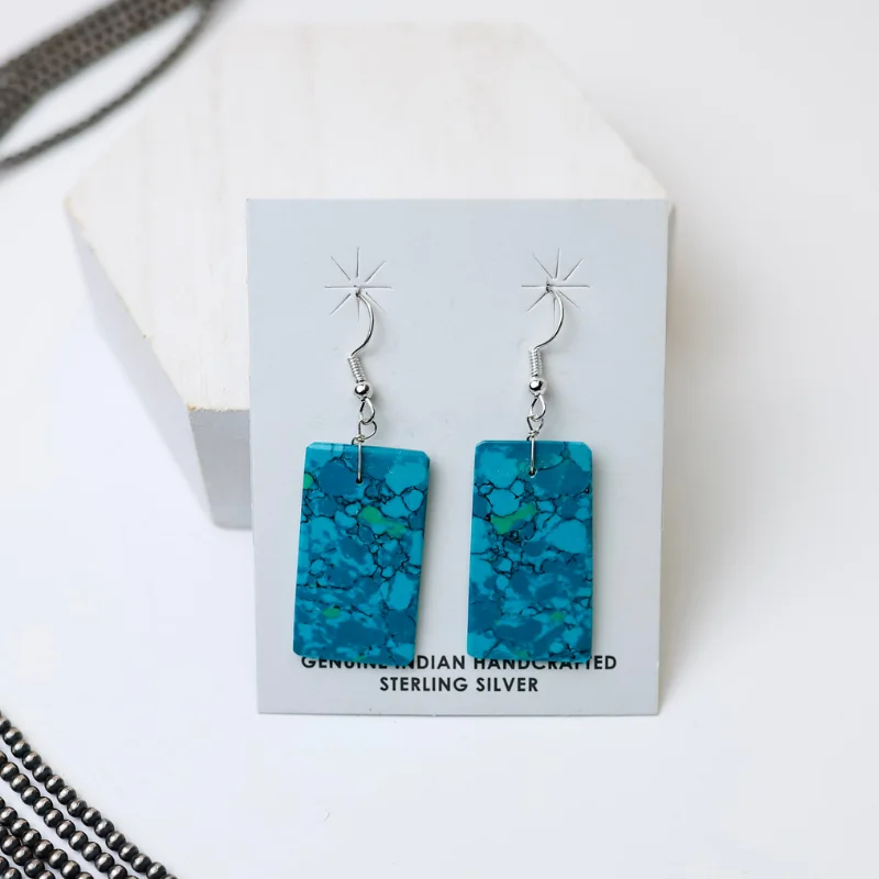 Hip Hop Earrings-Corraine Smith | Navajo Handmade Turquoise Rectangle Slab Earrings in Deep Teal